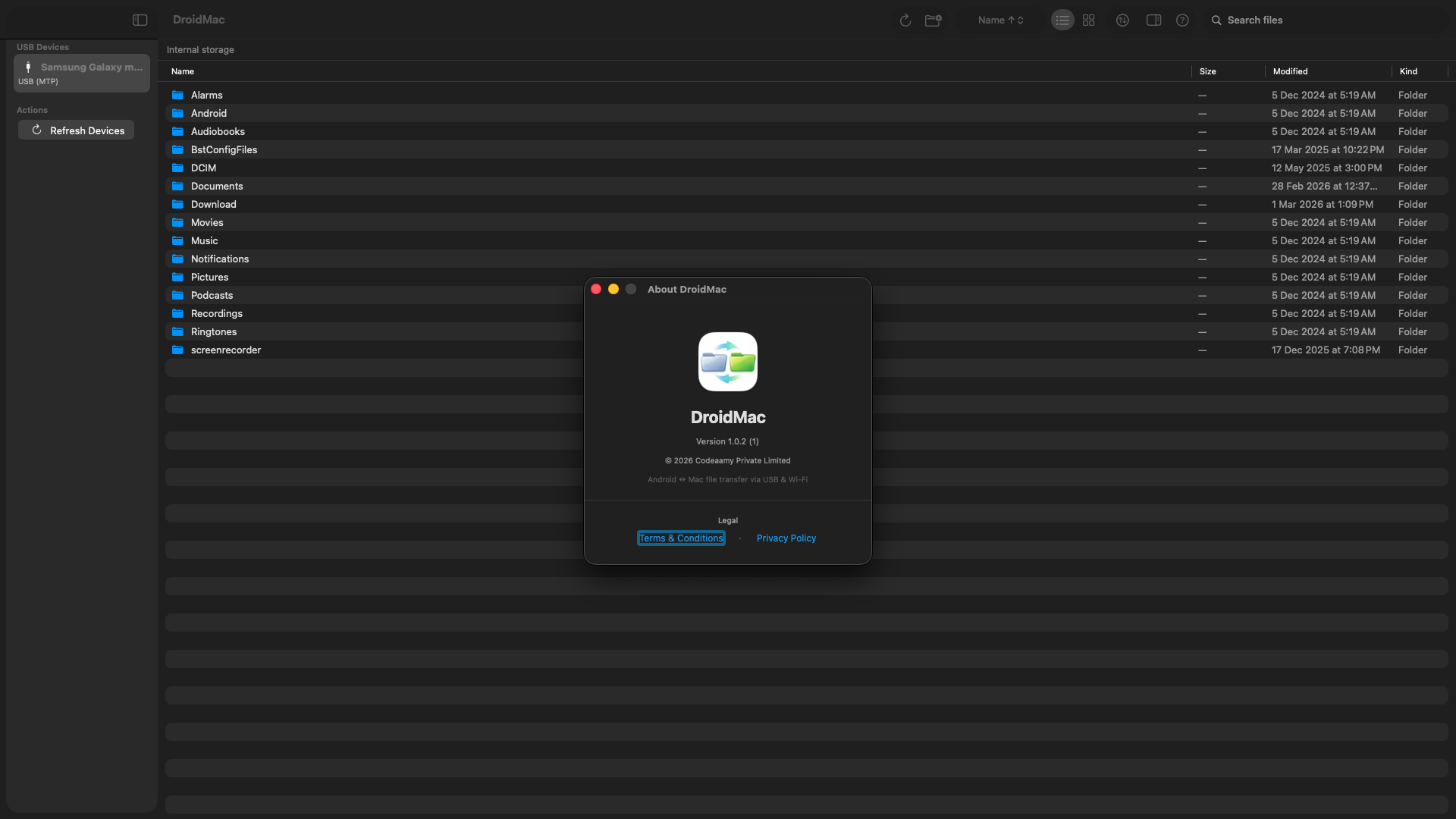 DroidMac About dialog showing version and legal info